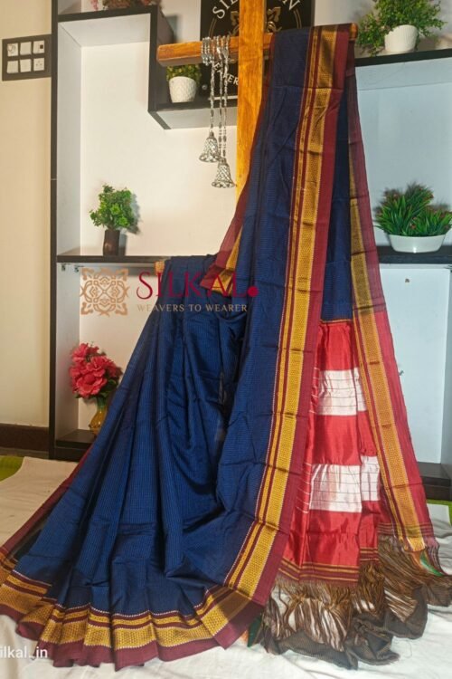 Ilkal Handloom Silk by Cotton Small Checks Chikki Paras Saree