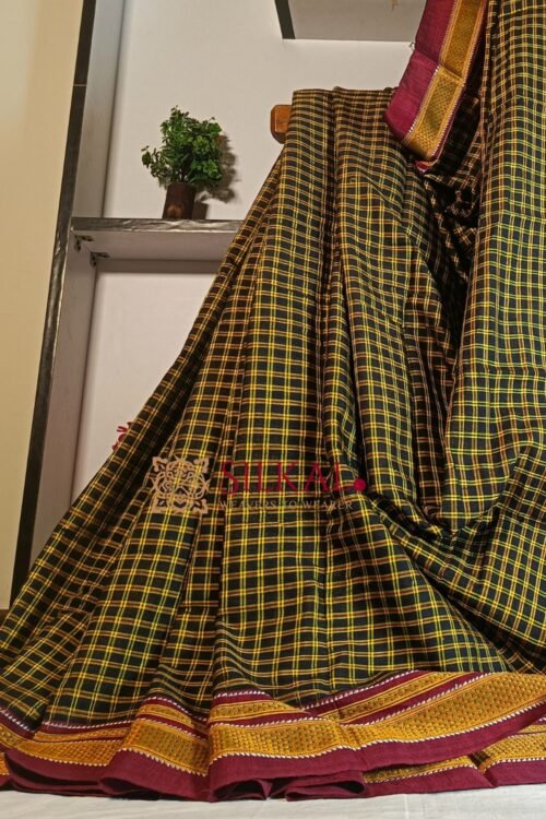 Ilkal Handloom Silk by Cotton Small Checks Chikki Paras Saree
