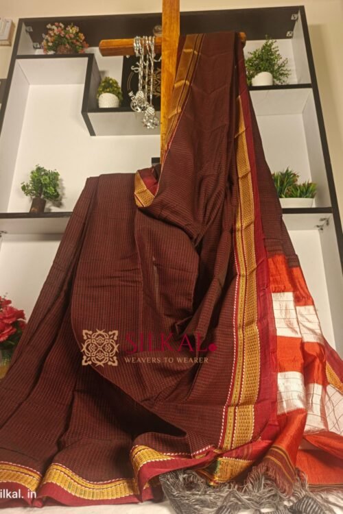 Ilkal Handloom Silk by Cotton Small Checks Chikki Paras Saree