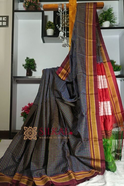 Ilkal Handloom Silk by Cotton Small Checks Chikki Paras Saree