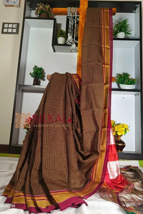 Ilkal Handloom Silk by Cotton Small Checks Chikki Paras Saree