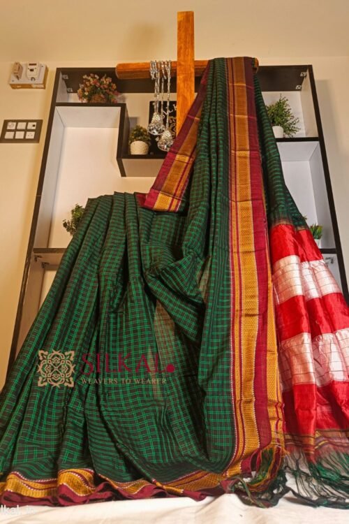 Ilkal Handloom Silk by Cotton Small Checks Chikki Paras Saree