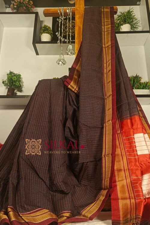 Ilkal Handloom Silk by Cotton Small Checks Chikki Paras Saree