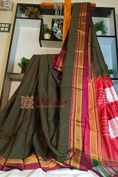 Ilkal Handloom Silk by Cotton Small Checks Chikki Paras Saree