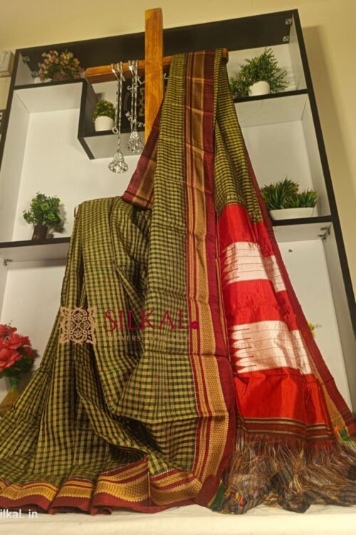 Ilkal Handloom Silk by Cotton Small Checks Chikki Paras Saree