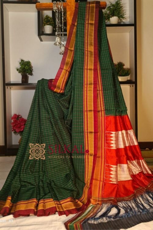 Ilkal Handloom Silk by Cotton Small Checks Chikki Paras Saree
