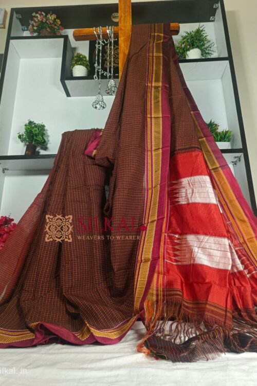 Ilkal Handloom Silk by Cotton Small Checks Chikki Paras Saree