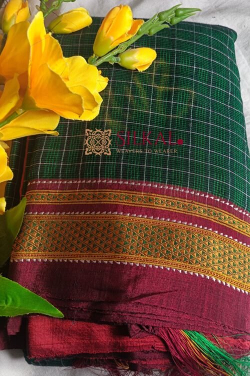 Ilkal Handloom Silk by Cotton Small Checks Chikki Paras Saree