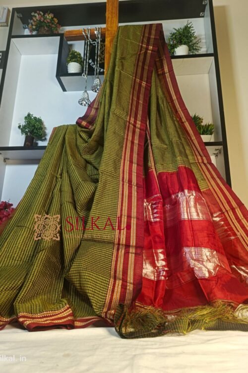 Ilkal Handloom Silk by Cotton Small Checks Chikki Paras Saree