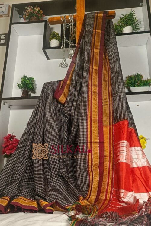 Ilkal Handloom Silk by Cotton Small Checks Chikki Paras Saree