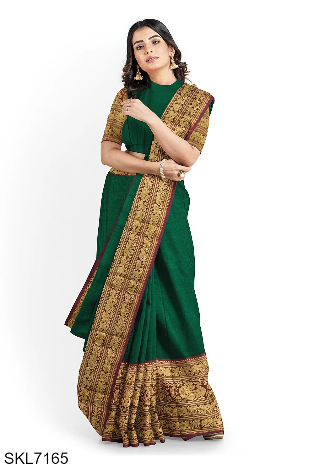 CODE WS909 : Bottle green kuppadam silk cotton traditional saree with  contrast big borders, gold zari woven design all over, heavy zari woven  pallu ,plain running blouse with borders.