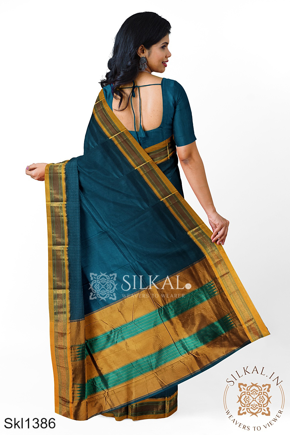 Cerulean Blue Handloom Cotton Silk Ilkal Saree, Resham Pallu
