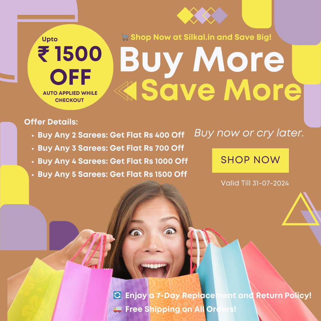 🎉 Buy More, Save More! 🎉 Offer Details: Buy Any 2 Sarees: Get Flat Rs 400 Off Buy Any 3 Sarees: Get Flat Rs 700 Off Buy Any 4 Sarees: Get Flat Rs 1000 Off Buy Any 5 Sarees: Get Flat Rs 1500 Off